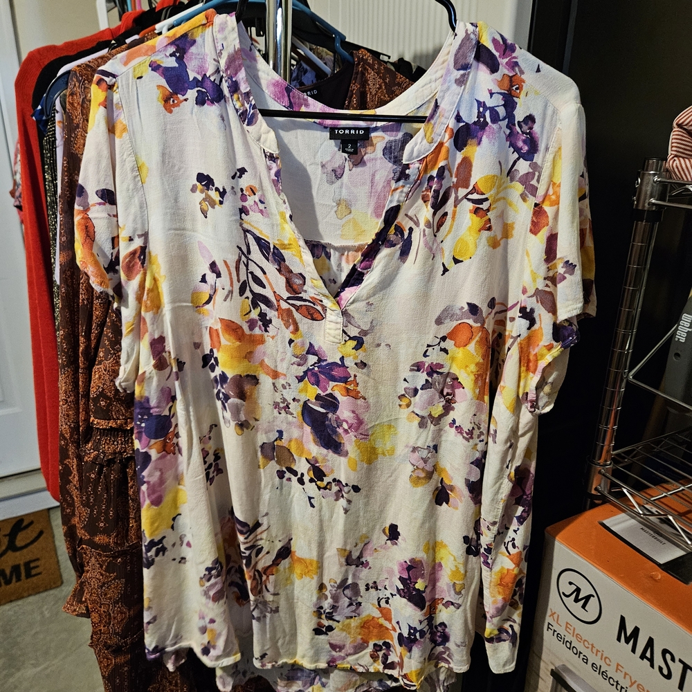 Torrid Women's V-Neck Floral Blouse - Purple and Yellow